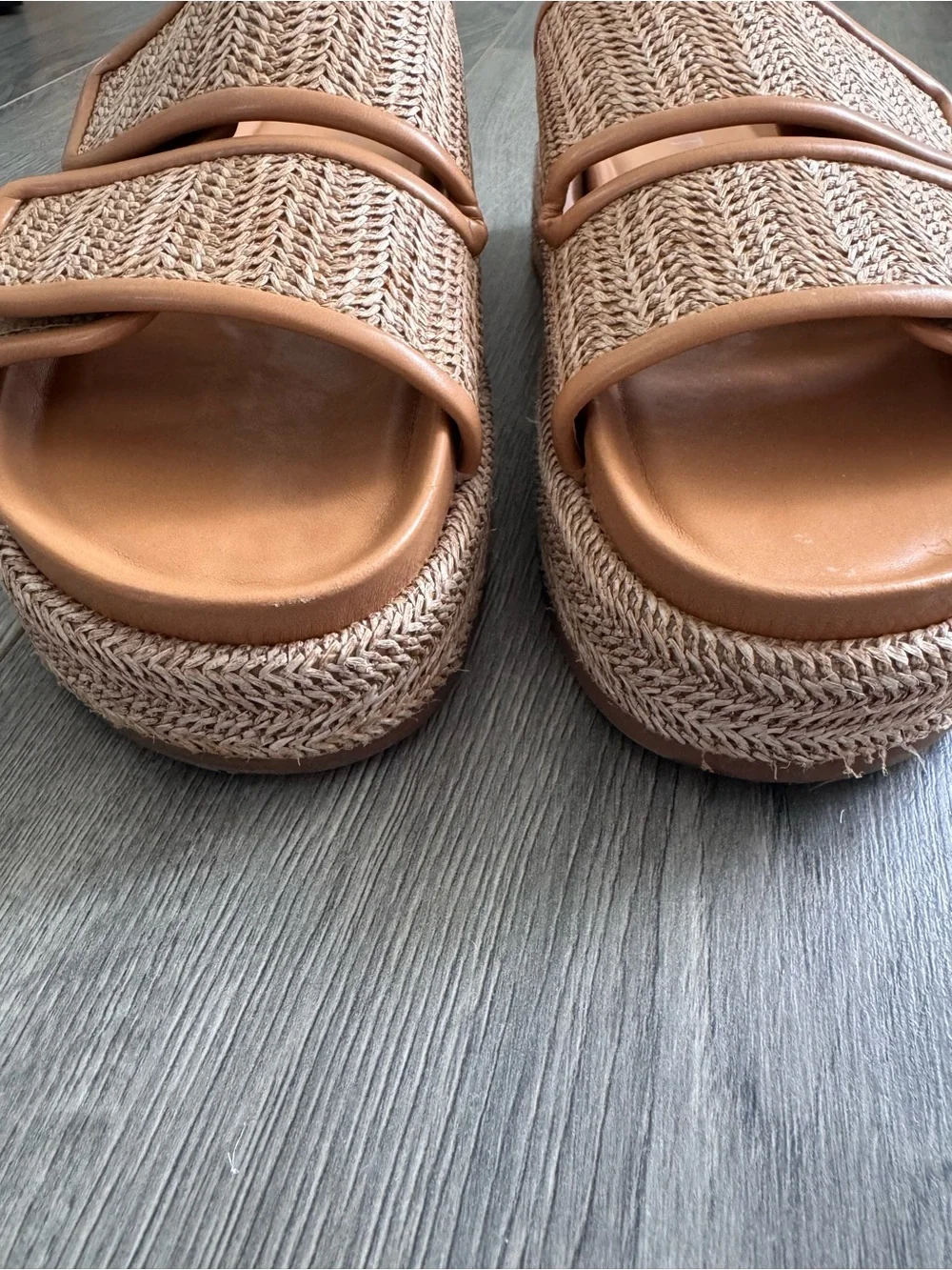 Silent D Platform Slide Sandals Tan Rafia Braided Espadrille 38/7 Summer Resort